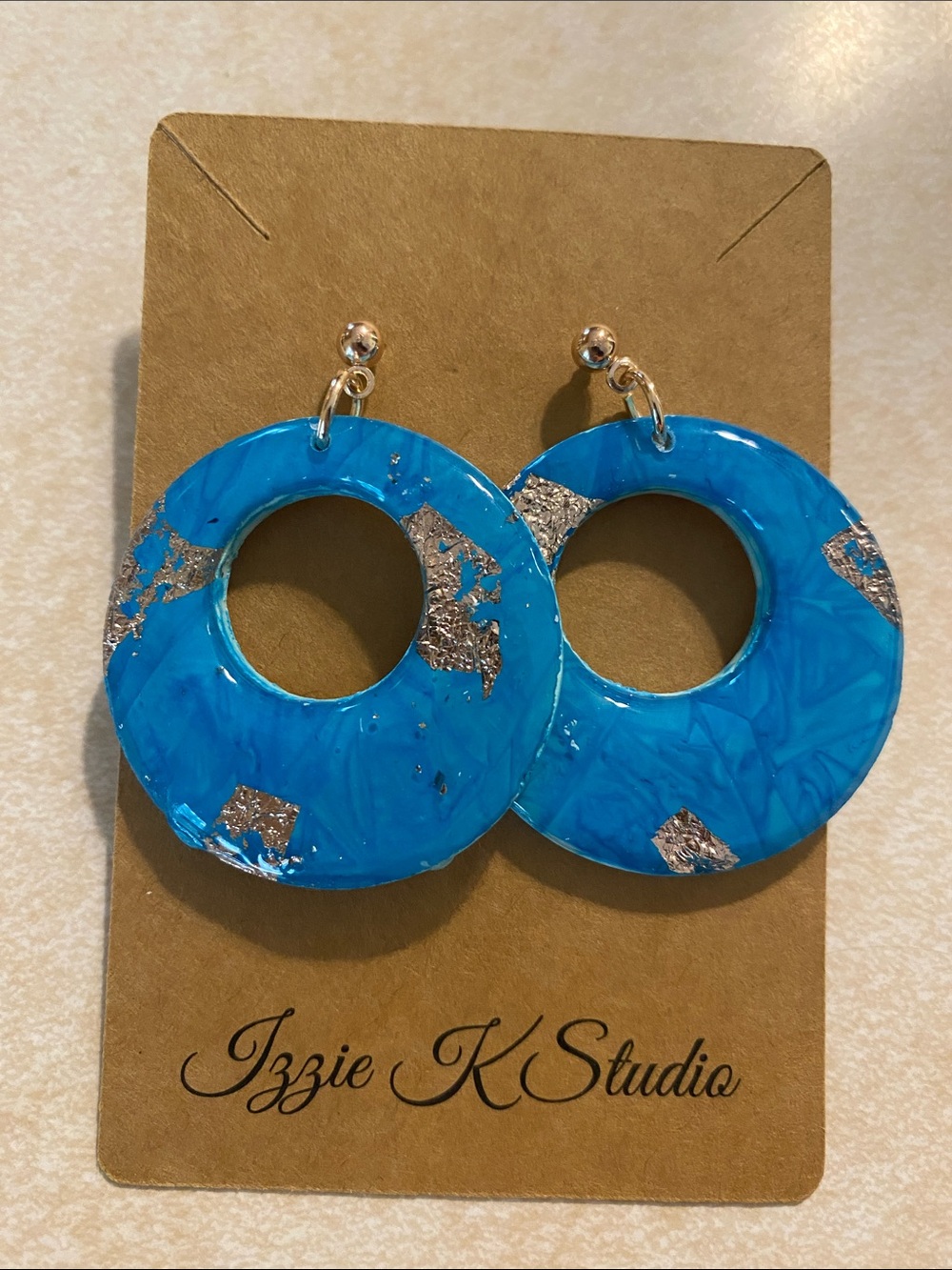 Blue Marbled Hoop Earrings with rose gold leaf Accents